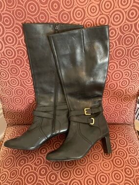 Ralph Lauren Black Women's Tall Leather Heeled Boots with Wrap-around Buckle